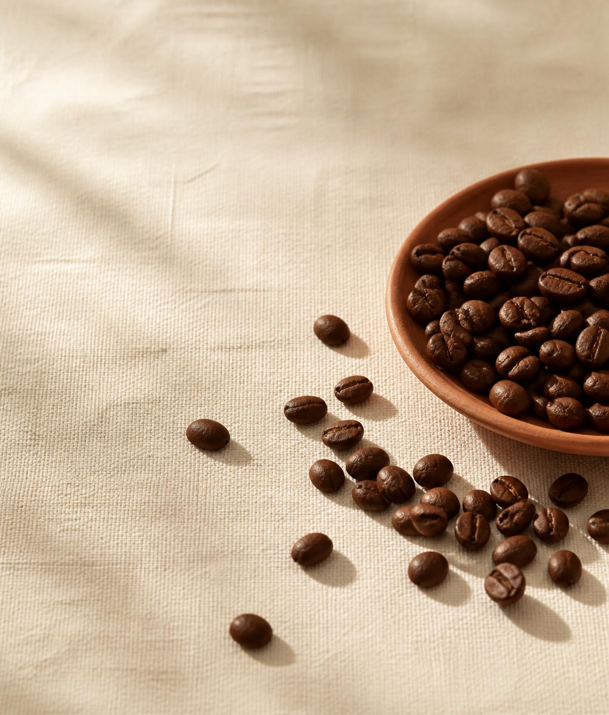 Roasted Nigerian Arabica beans resting on warm cream linen
