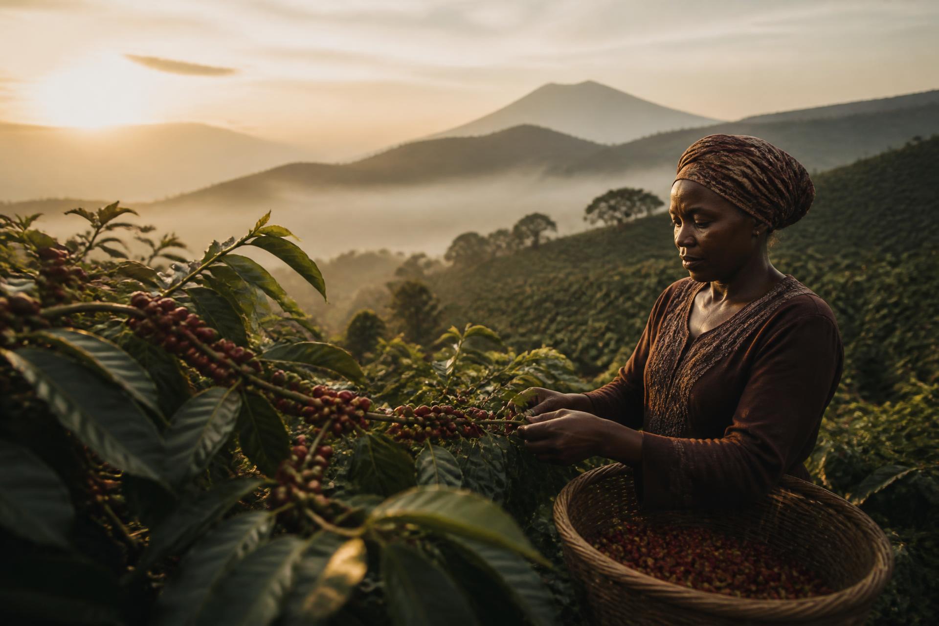 Coffee cherries being harvested on a misty Nigerian highland farm at sunrise